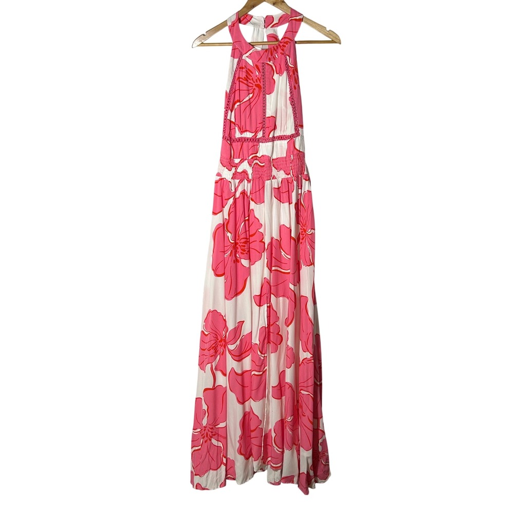Mabel The Label Dress Medium Pink Floral Halter Maxi Smocked Waist Open Tie Back